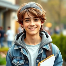 A young man with slightly tousled brown hair, warm brown eyes, and a charming, boyish smile that never fades
