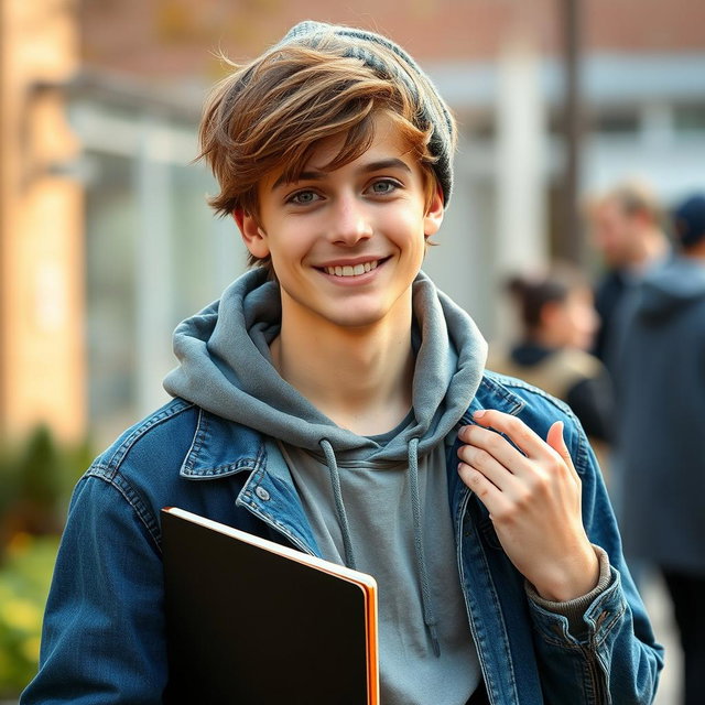 A young man with slightly tousled brown hair, warm brown eyes, and a charming, boyish smile that never fades