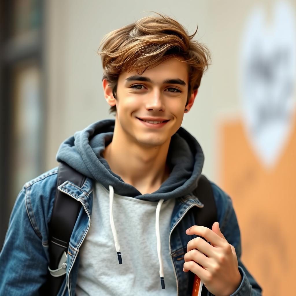 A handsome young man with slightly tousled brown hair and warm brown eyes, wearing a charming, boyish smile