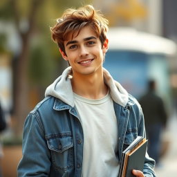 A handsome young man with slightly tousled brown hair and warm brown eyes, wearing a charming, boyish smile