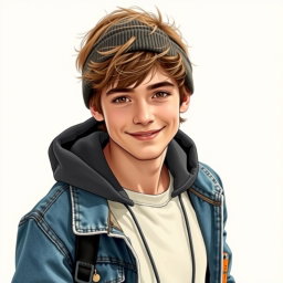 A handsome young man with slightly tousled brown hair and warm brown eyes, wearing a charming, boyish smile