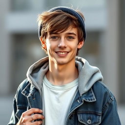 A handsome young man with slightly tousled brown hair and warm brown eyes, wearing a charming, boyish smile