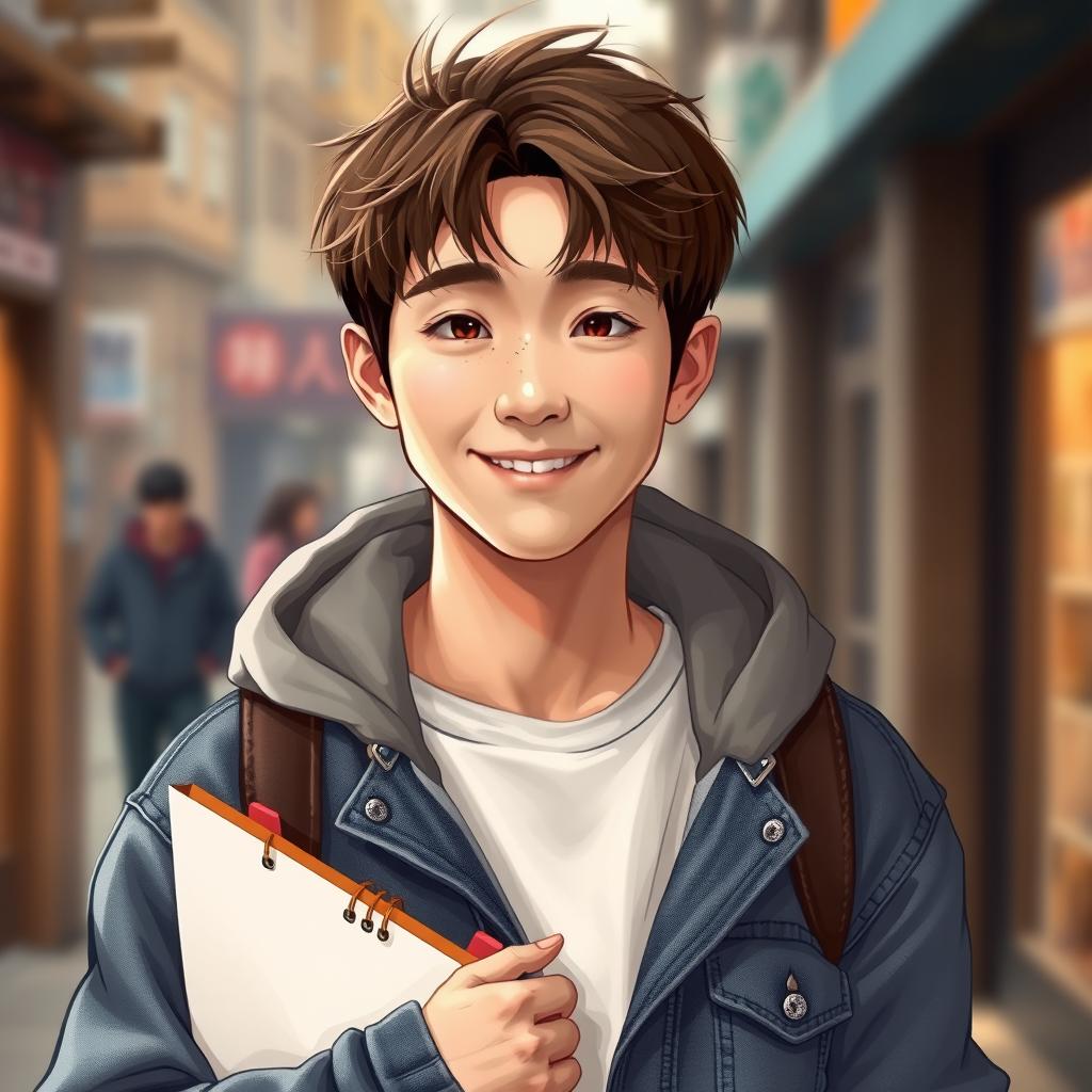 A realistic Korean young man with slightly tousled brown hair and warm brown eyes, sporting a charming, boyish smile that radiates a carefree vibe