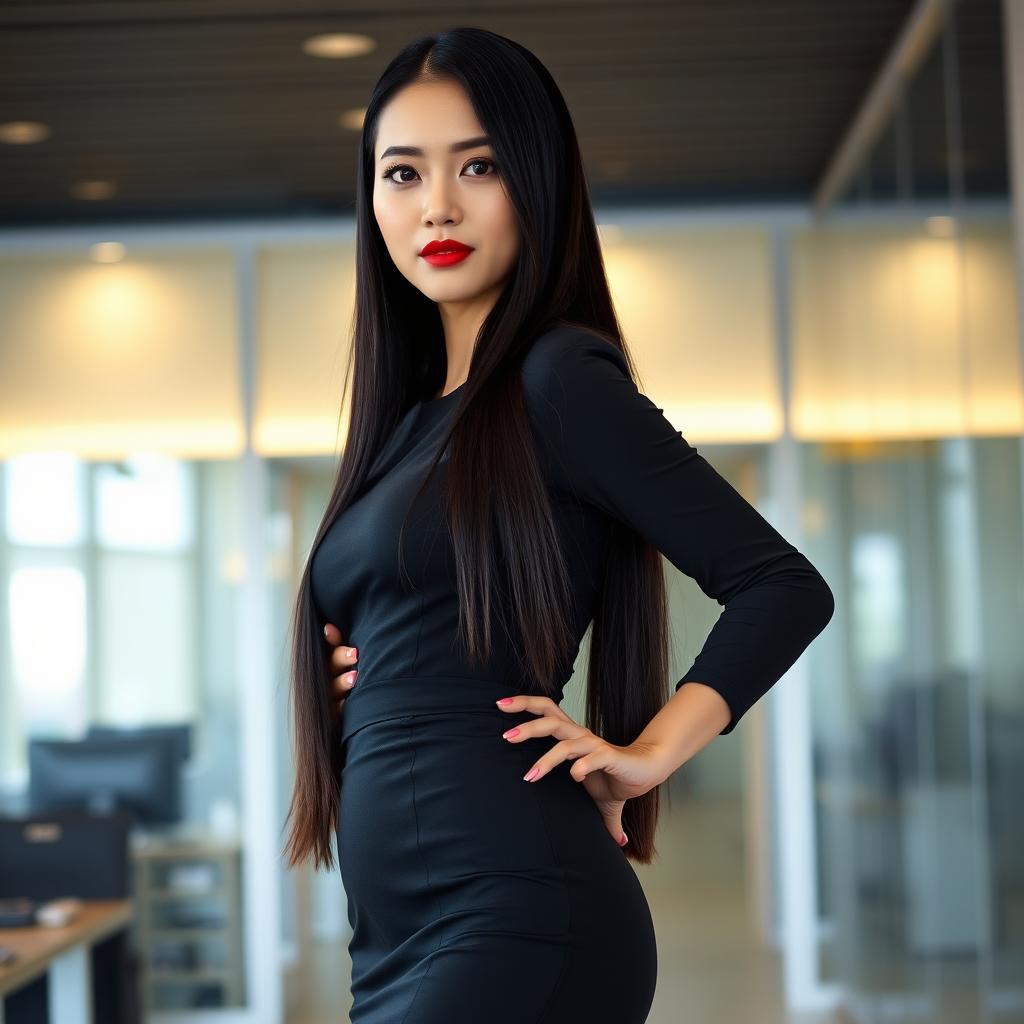 A tall, elegant Korean woman with a poised demeanor stands confidently