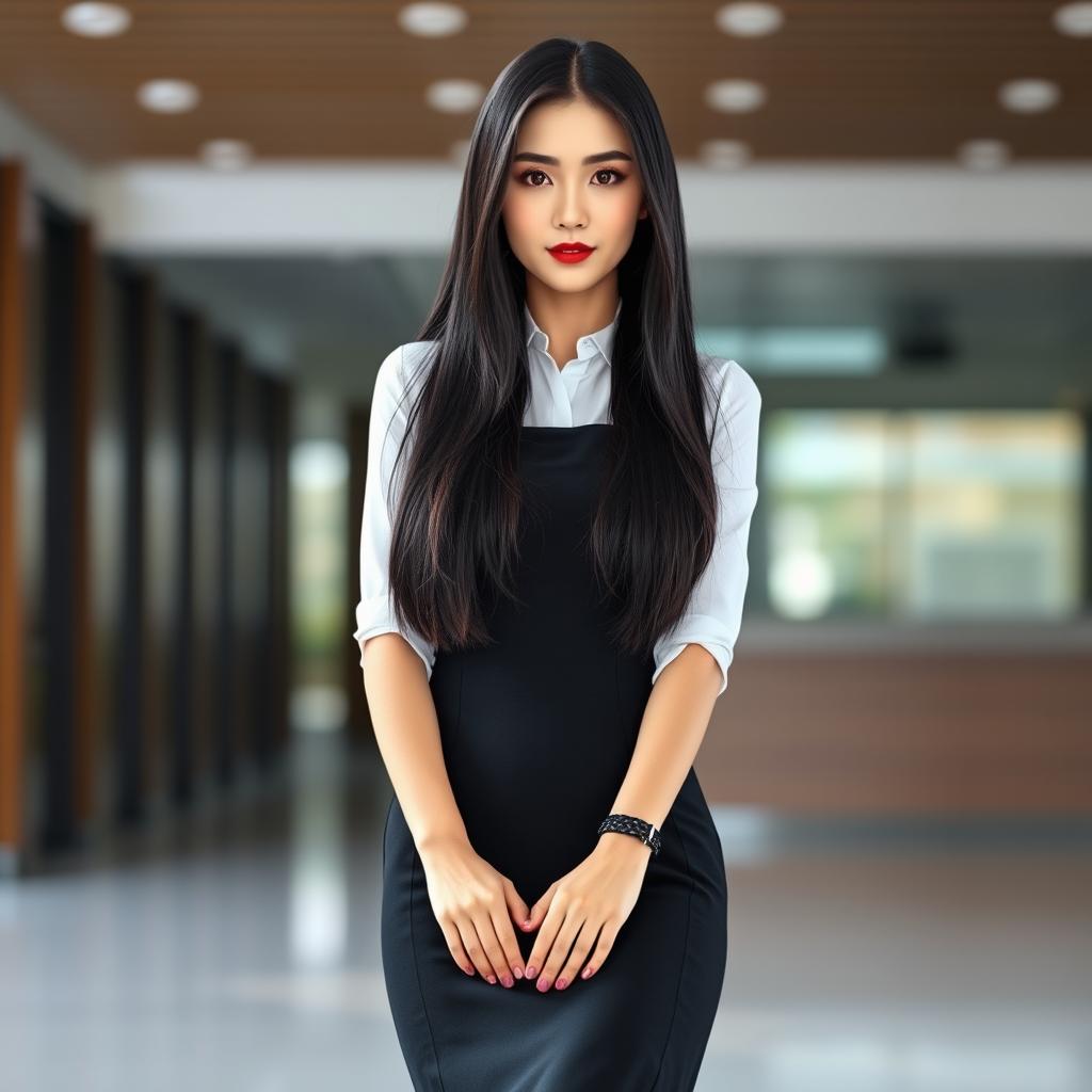 A tall, elegant Korean woman with a poised demeanor, exhibiting a realistic appearance