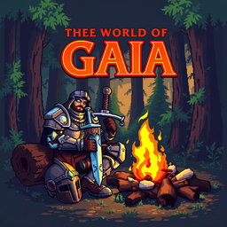 A paladin resting by a campfire, with his sword leaning against a log