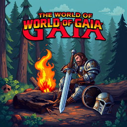 A paladin resting by a campfire, with his sword leaning against a log