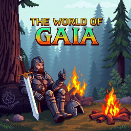 A paladin resting by a campfire, with his sword leaning against a log