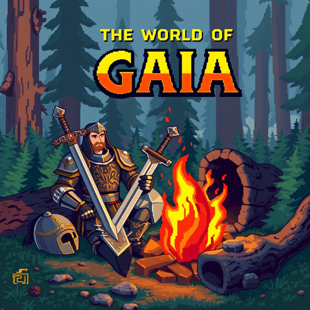 A paladin resting by a campfire, with his sword leaning against a log