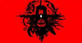 A horror surrealism artwork featuring a dominant black skull with sharp teeth, surrounded by menacing monster tendrils