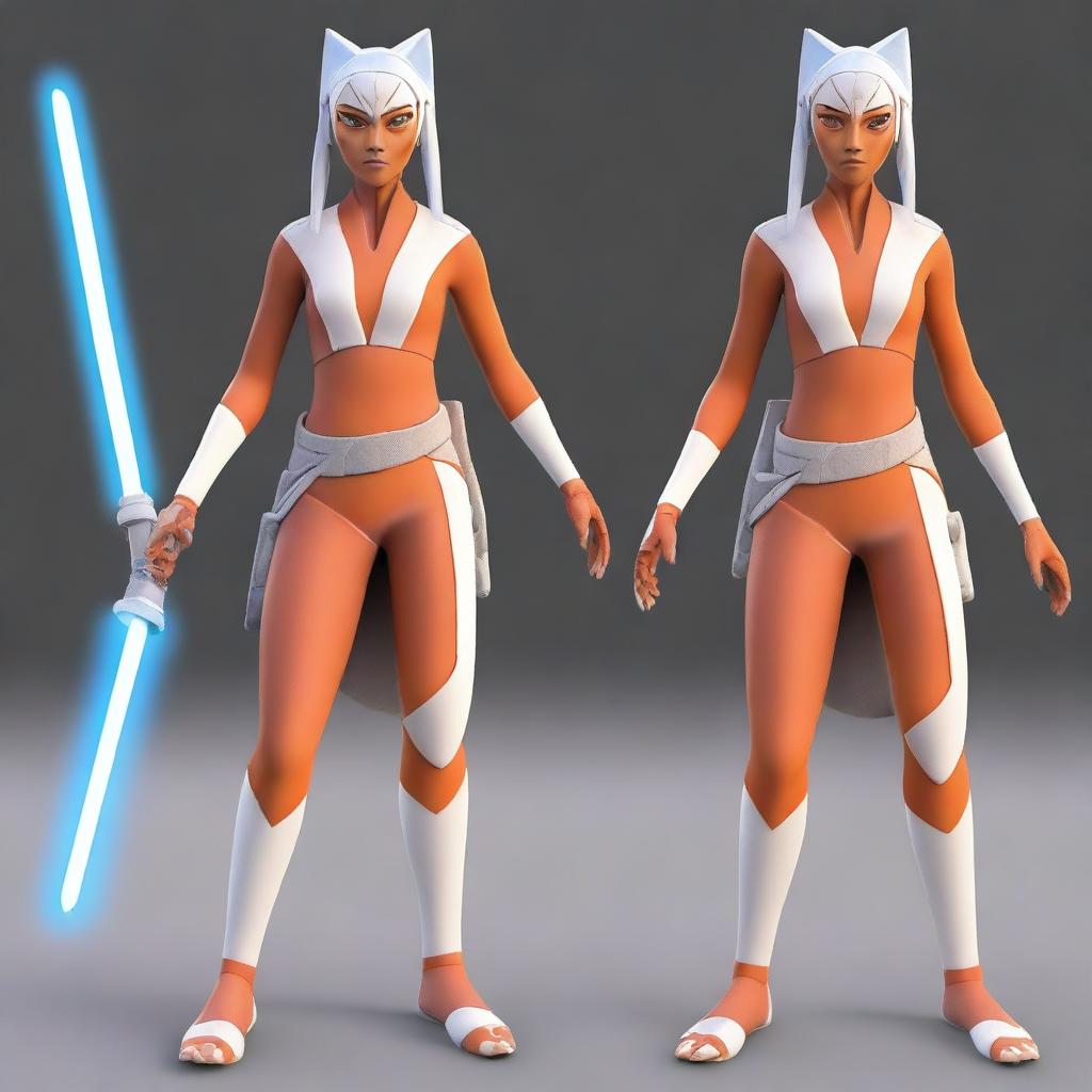 A high-quality, realistic 3D render of Ahsoka Tano from 'Star Wars: The Clone Wars'