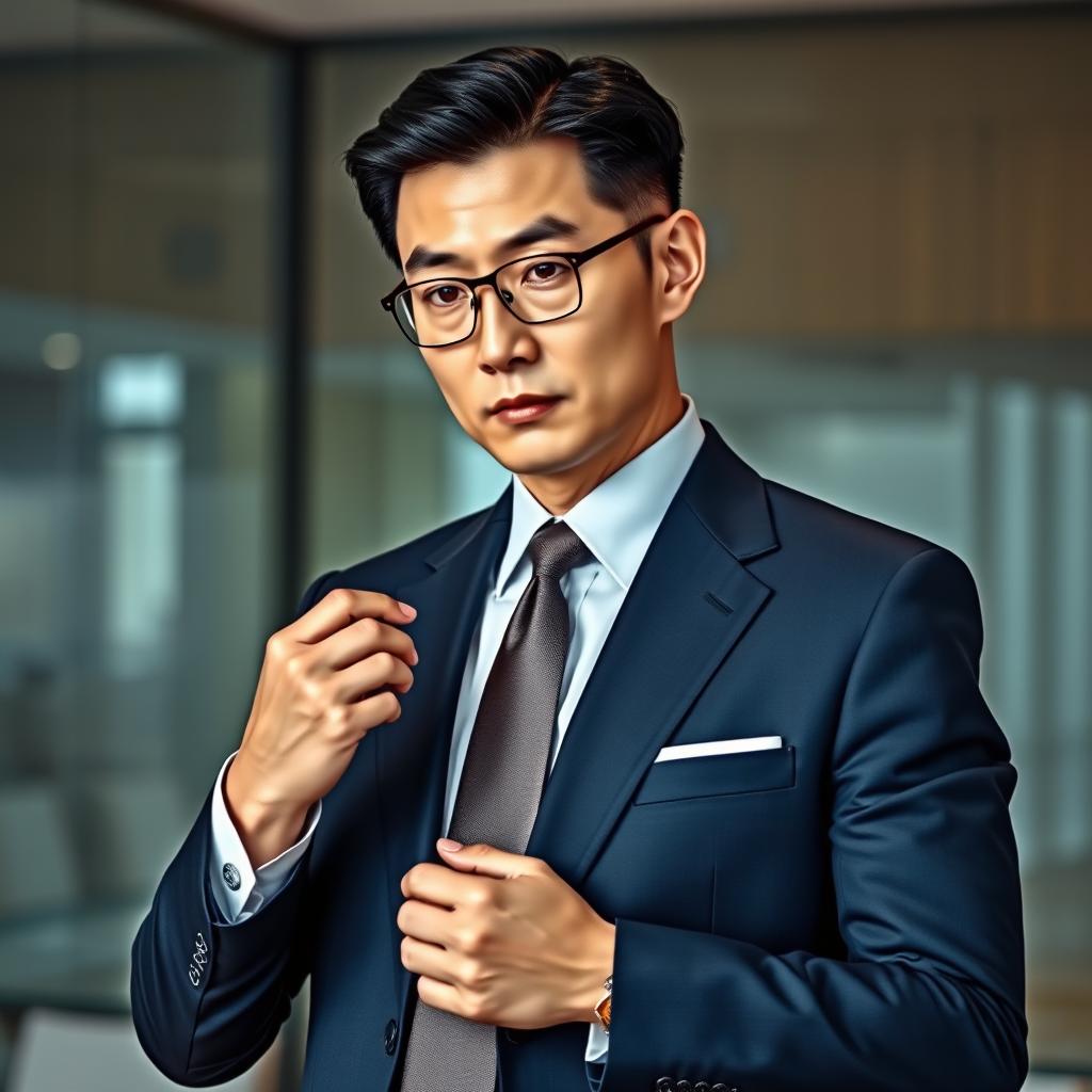 A tall, lean Korean style boss with a realistic appearance, elegantly dressed in a well-tailored dark blue suit with a matching tie