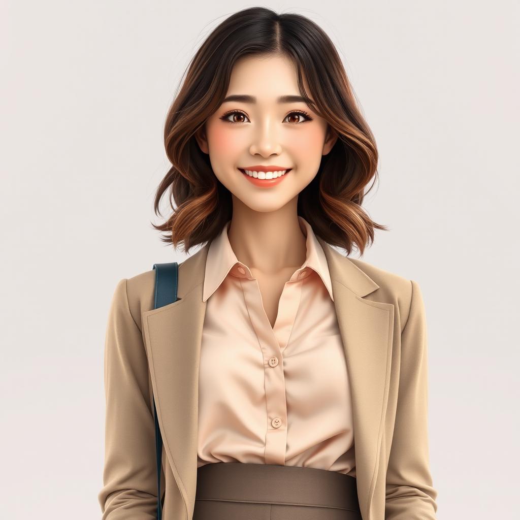 A realistic portrayal of a cheerful Korean woman with shoulder-length wavy brown hair, expressive hazel eyes, and a naturally cheerful face that showcases a hint of clumsiness
