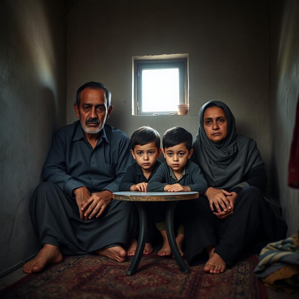 A somber Iranian family displayed in a modest living space, captured in a moment of deep contemplation
