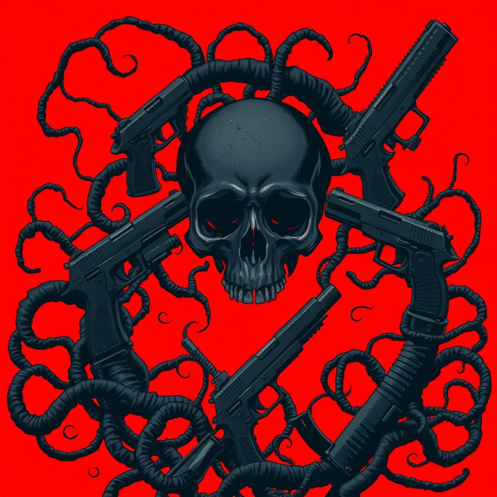 A horror surrealism illustration featuring a black skull at the center, surrounded by intricate black tendrils that twist and curl around it ominously