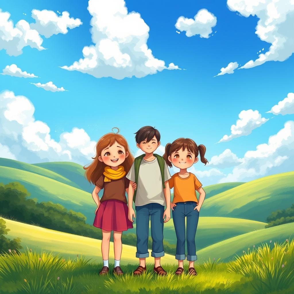 A warm and inviting illustration of two twin girls and their older brother, mirroring the style of a vibrant digital painting similar to those created in IbisPaint X