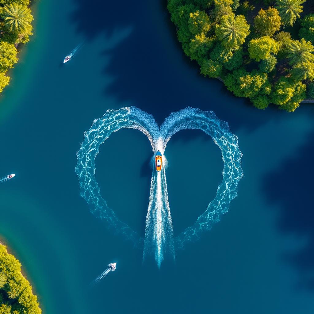 A stunning aerial view of a heart-shaped speedboat trail creating an elegant loop around a circular mooring in a bright blue lake