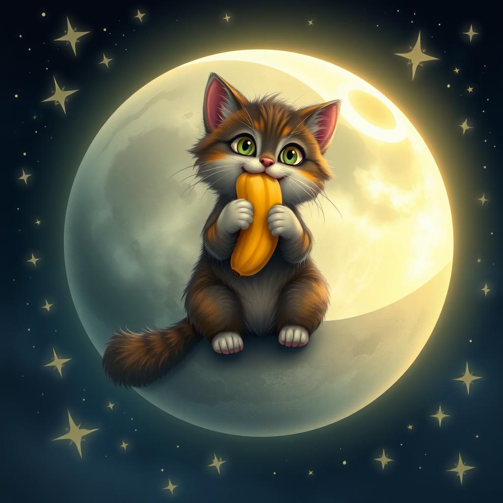 A whimsical scene depicting a mischievous cat sitting on the moon, joyfully eating a banana