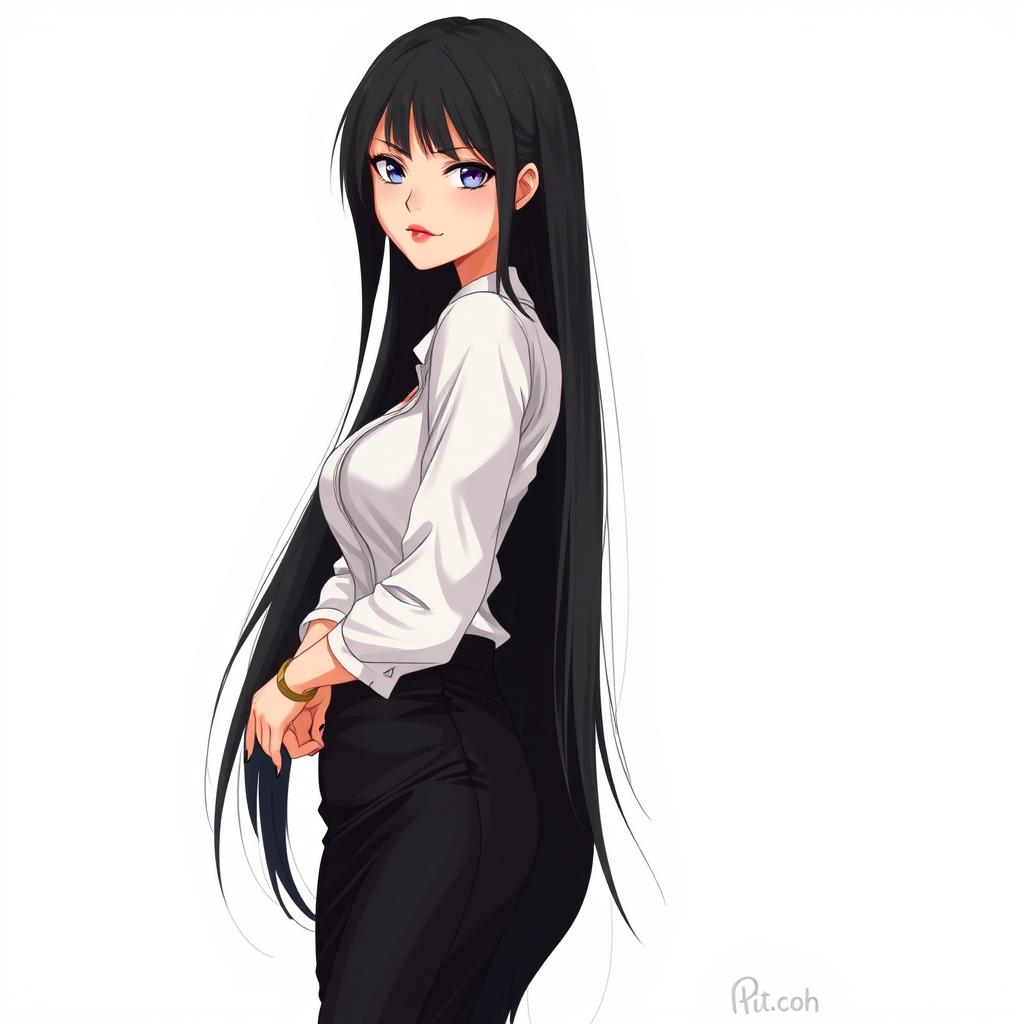 A tall, elegant anime-style woman exuding confidence and mystery