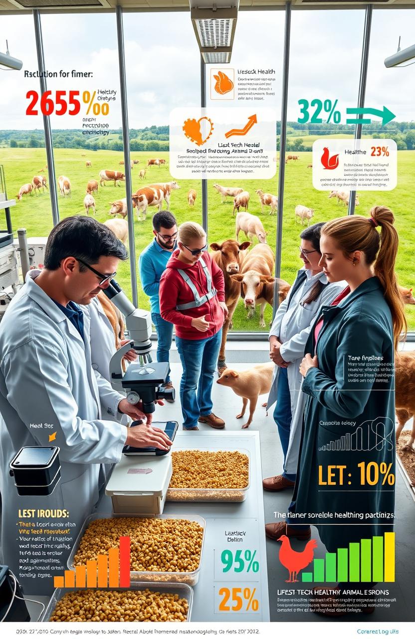 A vibrant and engaging scene depicting the intersection of livestock innovations and biotechnology