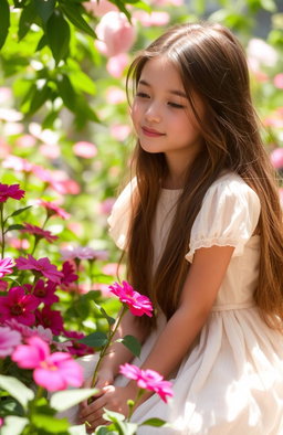 A girl with a gentle and silent smile, sitting in a sunlit garden surrounded by blooming flowers