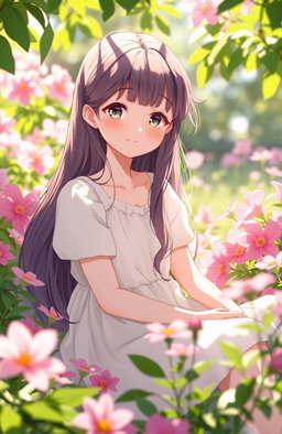 A girl with a gentle and silent smile, sitting in a sunlit garden surrounded by blooming flowers
