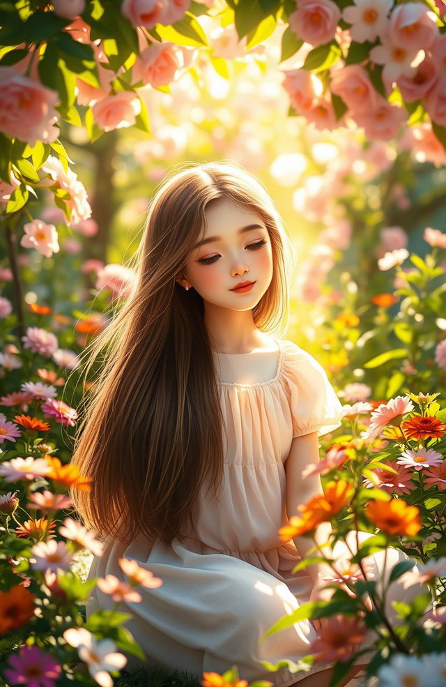 A girl with a gentle and silent smile, sitting in a sunlit garden surrounded by blooming flowers