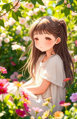A girl with a gentle and silent smile, sitting in a sunlit garden surrounded by blooming flowers
