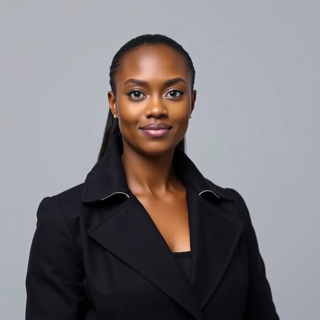 A professional business portrait of a confident individual wearing a sleek black coat with a sophisticated white inner lining that is visible at the collar