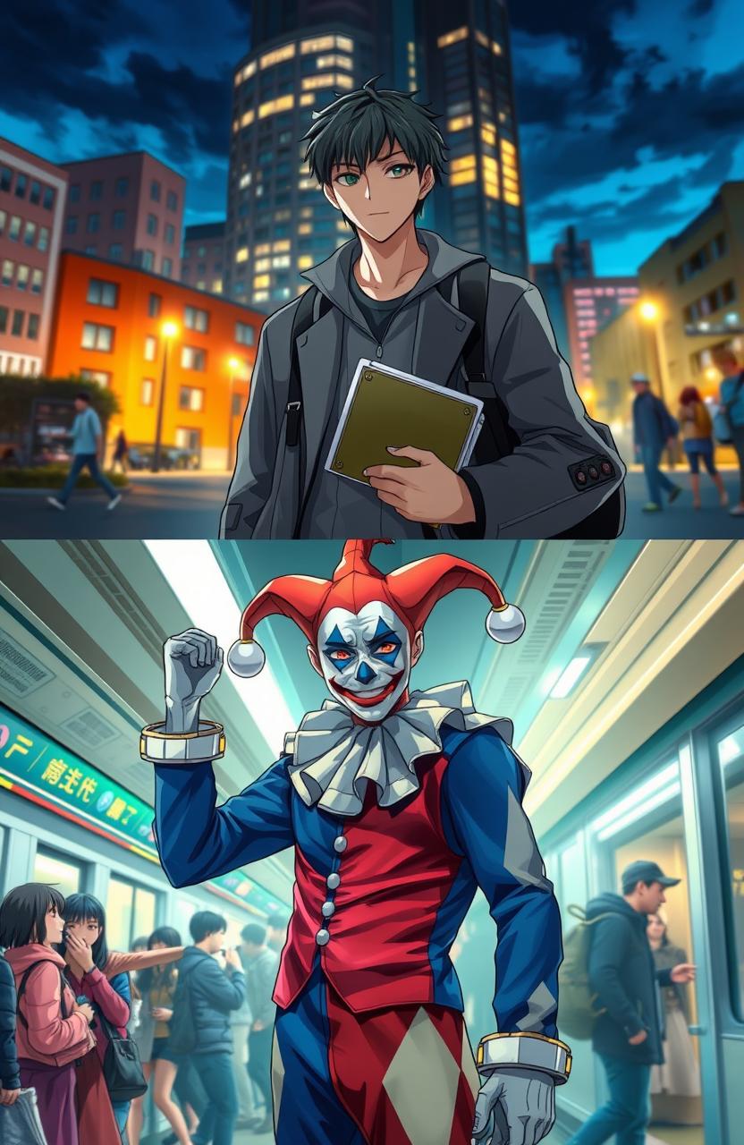 A captivating scene depicting Kazuki, a dual life character, transitioning from a cold and stoic university student during the day to a charismatic, theatrical Harlequin performer at night