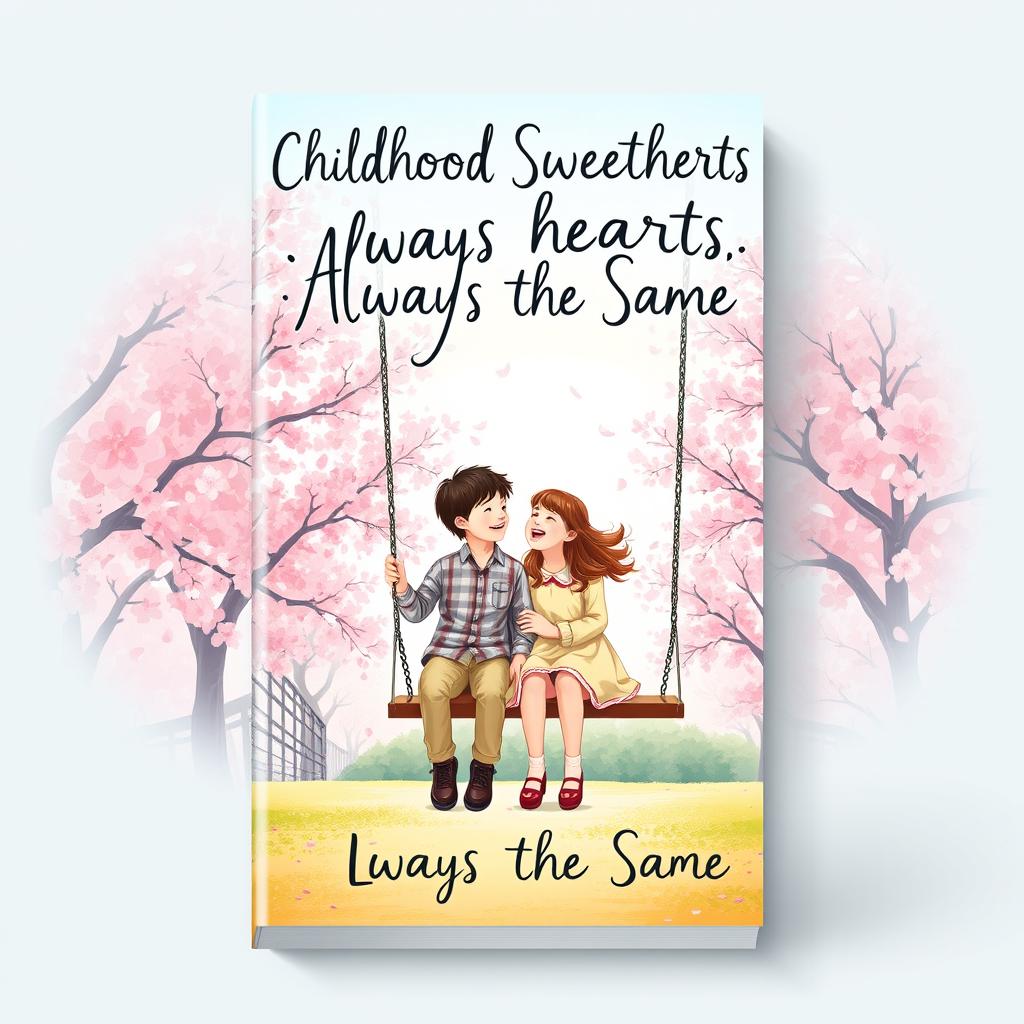A charming book cover for a novel titled 'Childhood Sweethearts, Always the Same'