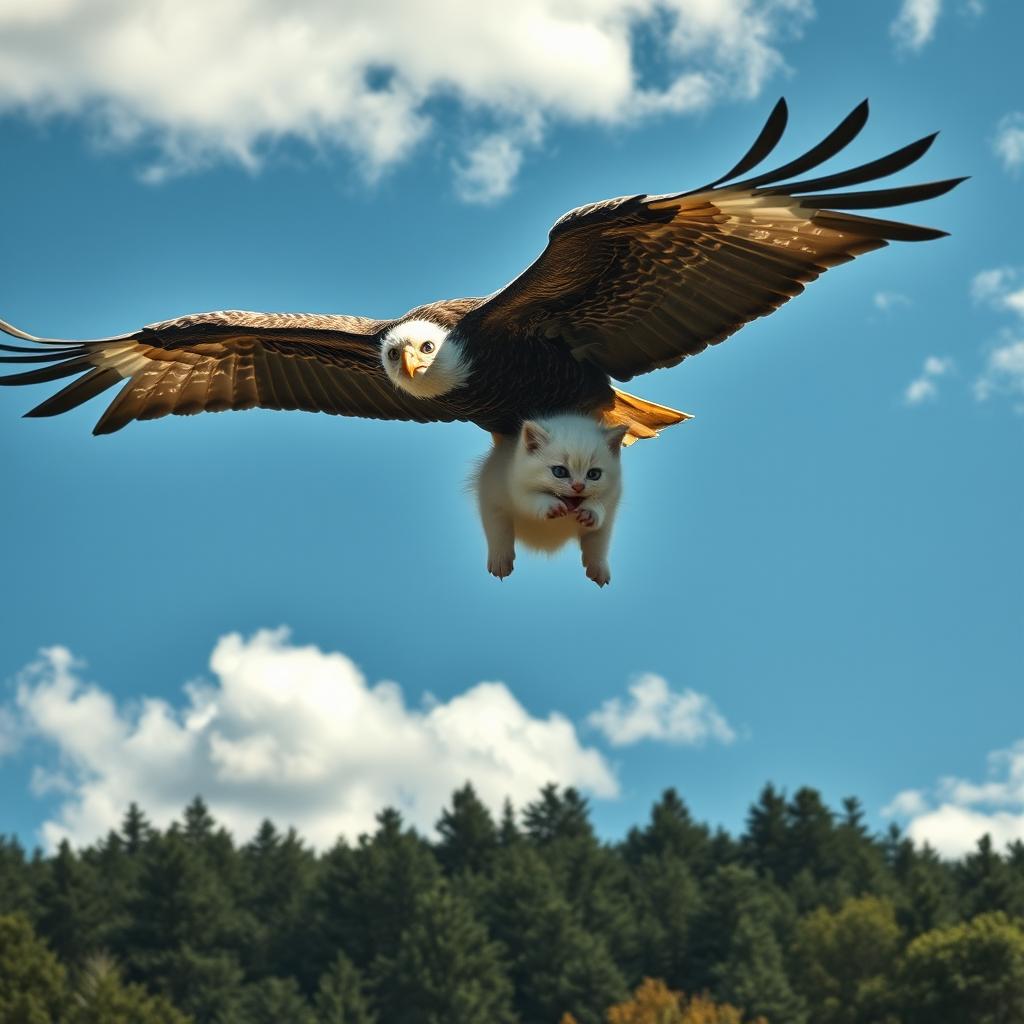 A dramatic scene where a white, chubby kitten is being carried by a large eagle flying through a bright blue sky