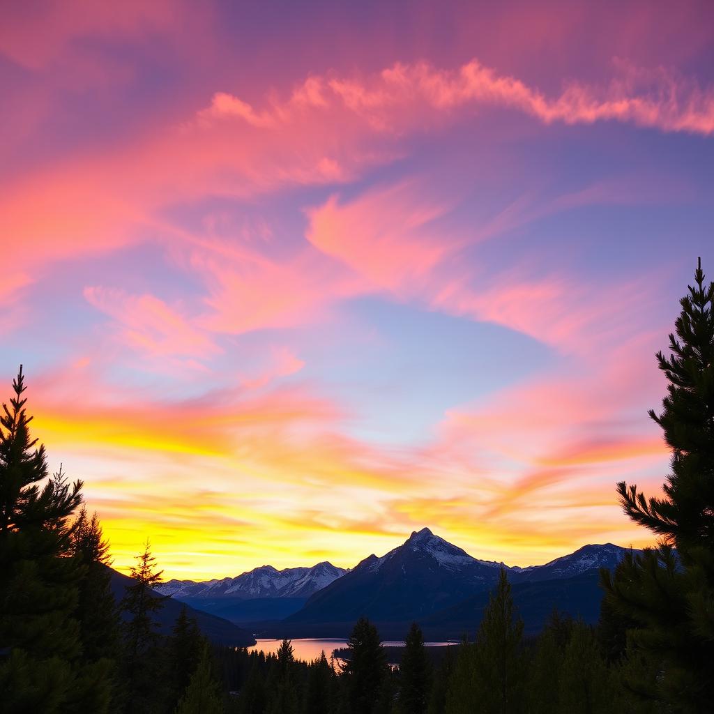 A breathtaking landscape of a serene mountainside during sunset, the sky filled with vibrant hues of orange, pink and purple