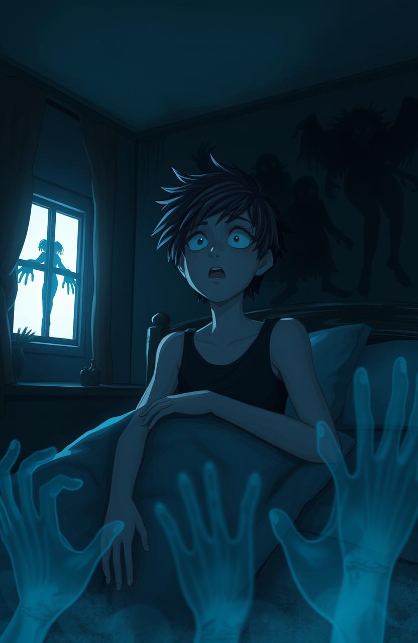 A surreal and dreamlike scene depicting a person awakening from a nightmare