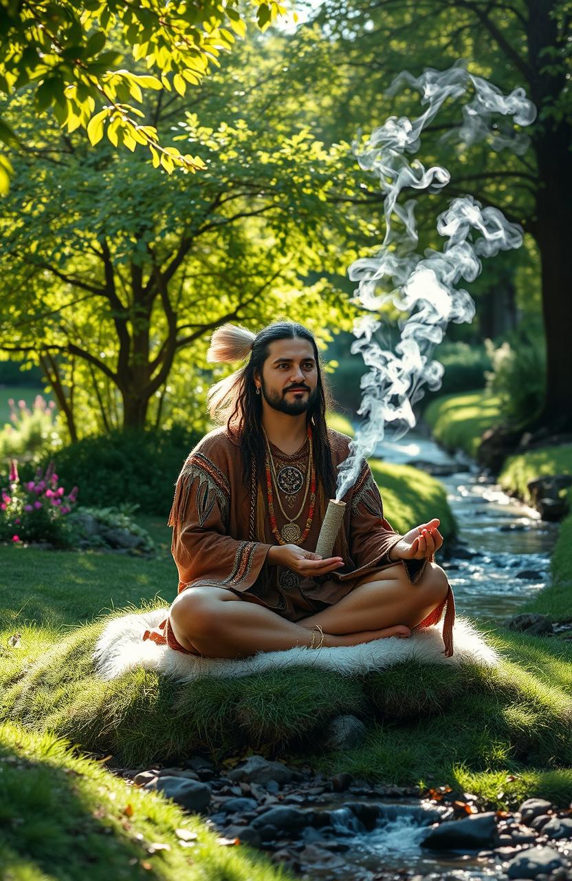 A serene scene depicting a shaman performing a tranquil ritual to dissolve anxiety, surrounded by nature