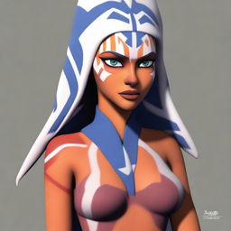 A premium quality, realistic digital art image portraying Ahsoka Tano from 'Star Wars: The Clone Wars' wearing only a thong