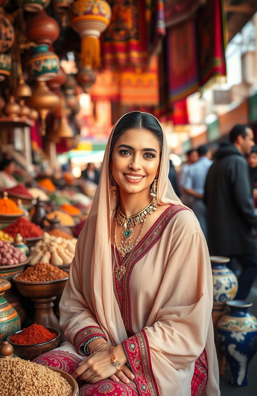 A beautiful Levantine Arabic woman wearing traditional attire, gracefully sitting in a vibrant market, surrounded by colorful spices, fresh fruits, and artistic pottery