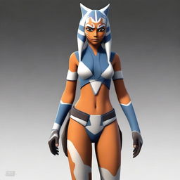 A premium quality, realistic digital art image portraying Ahsoka Tano from 'Star Wars: The Clone Wars' wearing only a thong