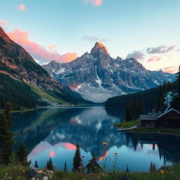 A majestic mountain landscape featuring a serene lake reflecting the towering peaks