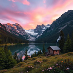A majestic mountain landscape featuring a serene lake reflecting the towering peaks