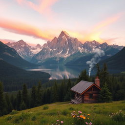 A majestic mountain landscape featuring a serene lake reflecting the towering peaks