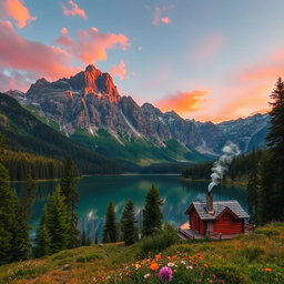 A majestic mountain landscape featuring a serene lake reflecting the towering peaks