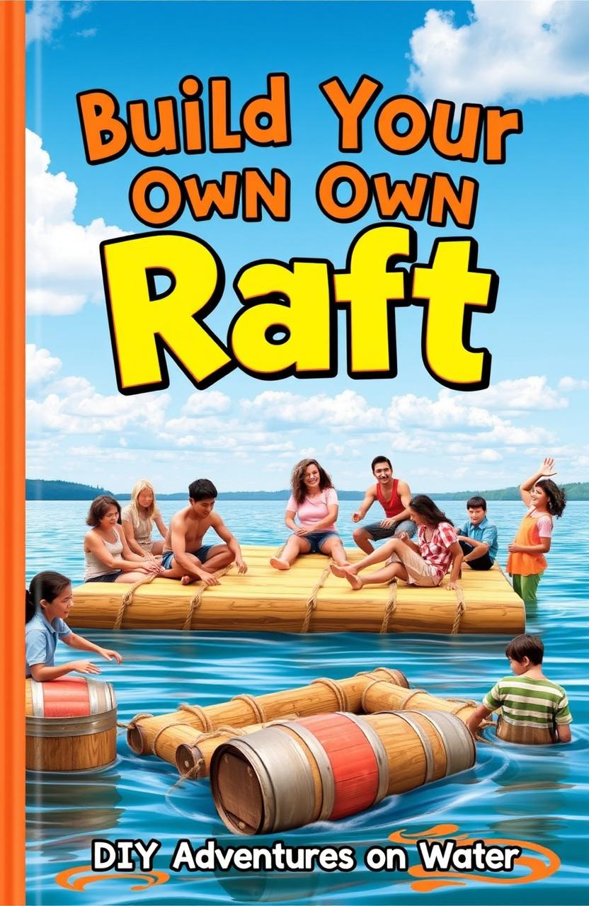 A vibrant and adventurous book cover design for a book titled 'Build Your Own Raft'