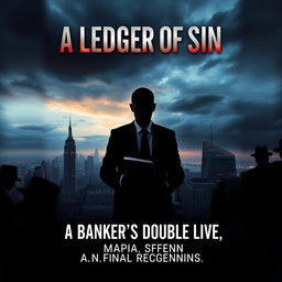 A thrilling e-book cover design for the title 'A Ledger of Sin' featuring a mysterious city skyline at dusk, with dark clouds swirling overhead to create a suspenseful atmosphere