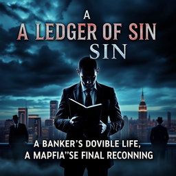A thrilling e-book cover design for the title 'A Ledger of Sin' featuring a mysterious city skyline at dusk, with dark clouds swirling overhead to create a suspenseful atmosphere