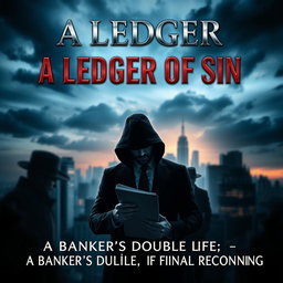A thrilling e-book cover design for the title 'A Ledger of Sin' featuring a mysterious city skyline at dusk, with dark clouds swirling overhead to create a suspenseful atmosphere