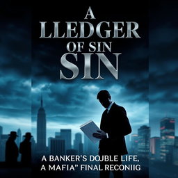 A thrilling e-book cover design for the title 'A Ledger of Sin' featuring a mysterious city skyline at dusk, with dark clouds swirling overhead to create a suspenseful atmosphere