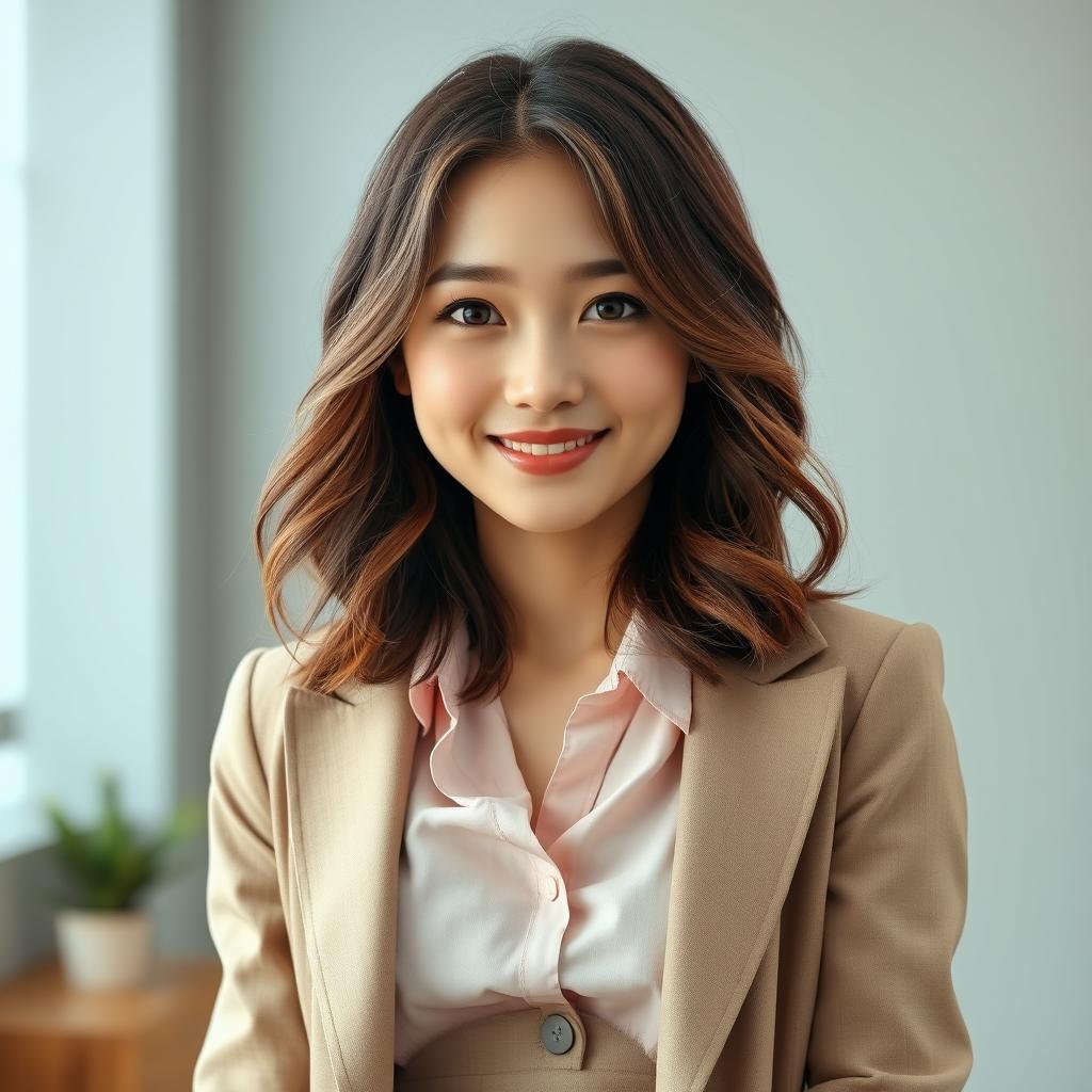 A Korean woman with shoulder-length wavy brown hair and expressive hazel eyes, featuring a naturally cheerful face with a hint of clumsiness