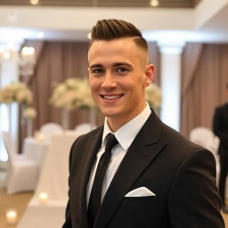 A stylish and confident groom with a sleek skinhead hairstyle, wearing a sharp black suit with a white dress shirt and a sleek black tie