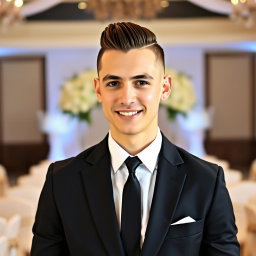 A stylish and confident groom with a sleek skinhead hairstyle, wearing a sharp black suit with a white dress shirt and a sleek black tie